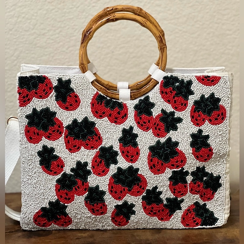 Viral!! Beaded Strawberry White and Red Bag with Round Bamboo Handles 🍓